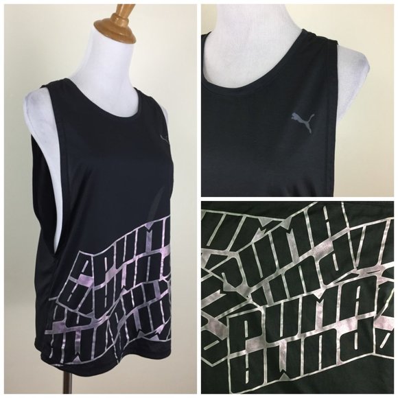 PUMA Black Silver Glittery Large Logo Print Wide Armhole DRY CELL Tank Top - Picture 1 of 9